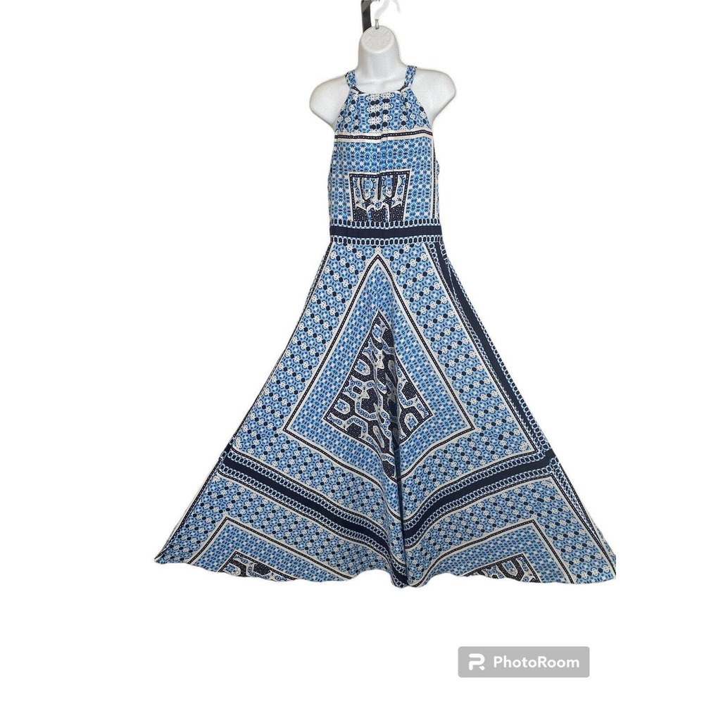 Eliza J. Scarf Blue White Scarf Halter Neck Maxi Dress Size 14 Patchwork Print